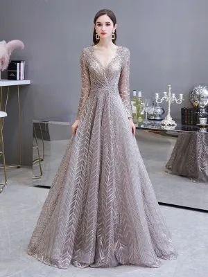 Gorgeous Evening Dress Princess Silhouette V Neck Long Sleeve Lace Sequins Floor Length Social Party Dresses