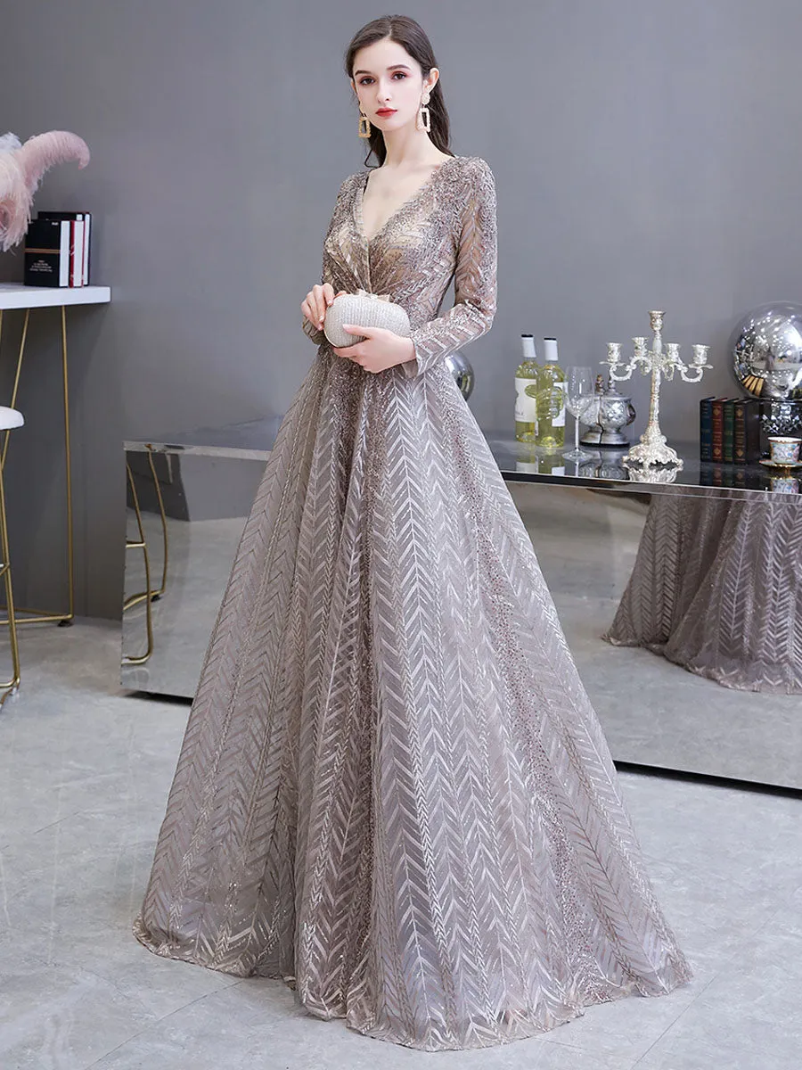 Gorgeous Evening Dress Princess Silhouette V Neck Long Sleeve Lace Sequins Floor Length Social Party Dresses