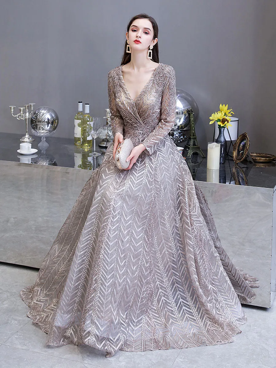 Gorgeous Evening Dress Princess Silhouette V Neck Long Sleeve Lace Sequins Floor Length Social Party Dresses
