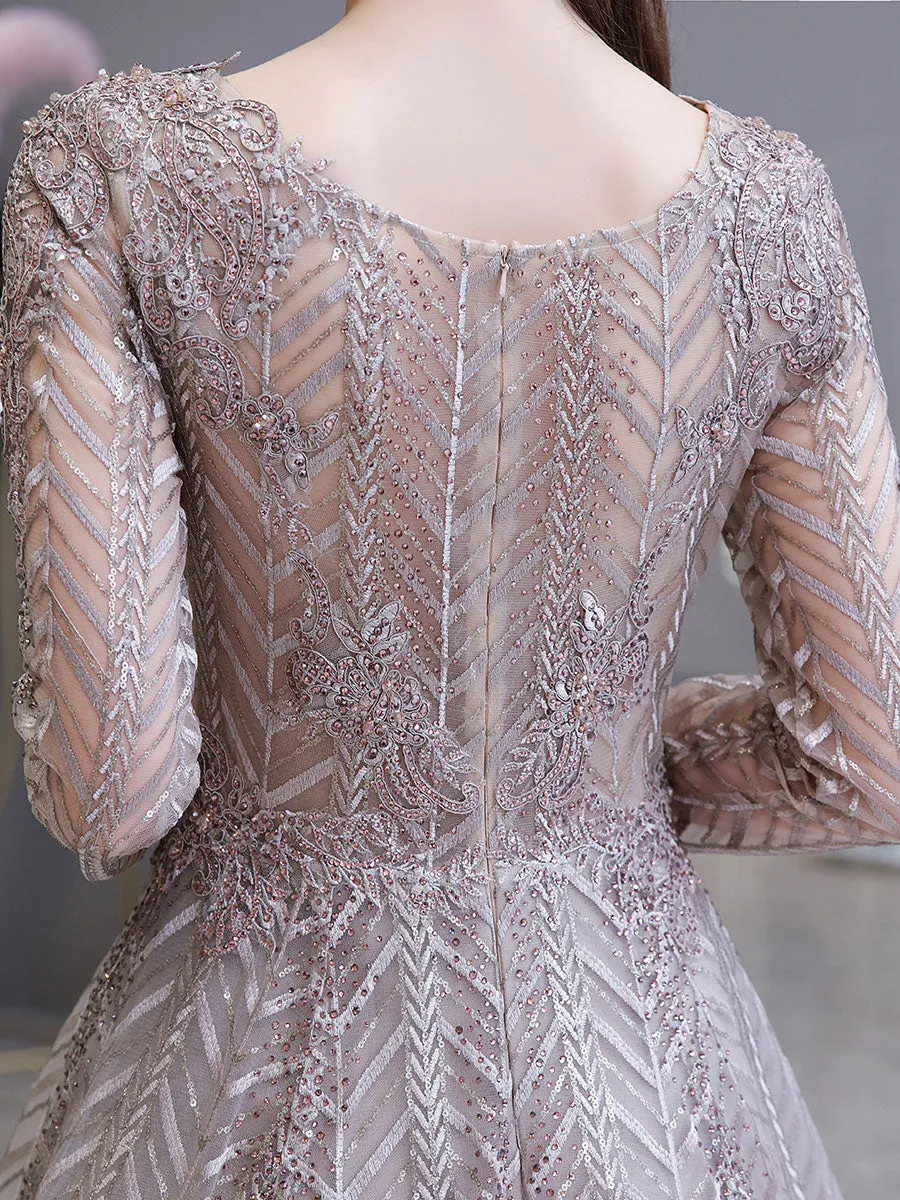 Gorgeous Evening Dress Princess Silhouette V Neck Long Sleeve Lace Sequins Floor Length Social Party Dresses