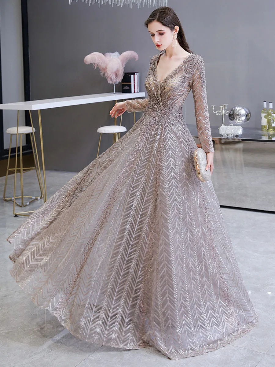 Gorgeous Evening Dress Princess Silhouette V Neck Long Sleeve Lace Sequins Floor Length Social Party Dresses