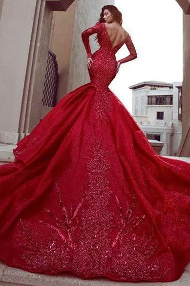 Gorgeous Long Sleevess Mermaid Evening Dresses with Train Hot Backless Lace Crystal Prom Dresses