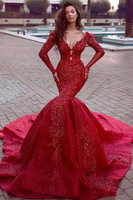 Gorgeous Long Sleevess Mermaid Evening Dresses with Train Hot Backless Lace Crystal Prom Dresses