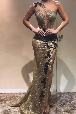 Gorgeous Sheath One-Shoulder Sequins Applique Prom Dresses