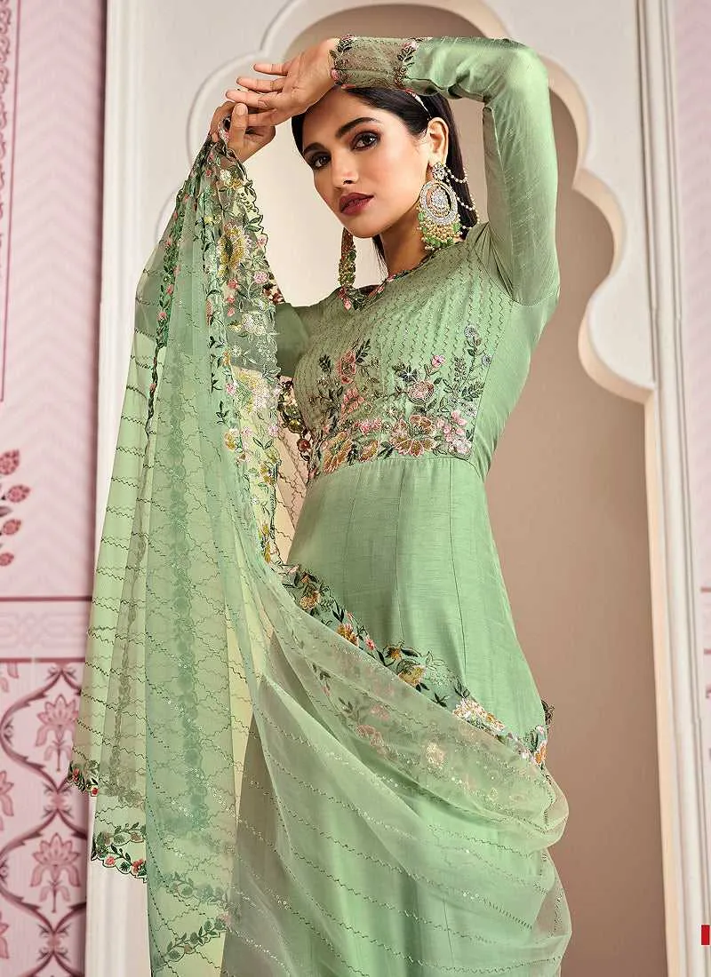 Green Floral Embroidered Designer Floor touch Anarkali
