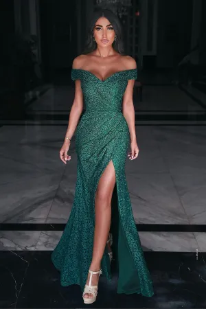 Green Off-the-Shoulder Mermaid Sequins Evening Prom Dress With Slit