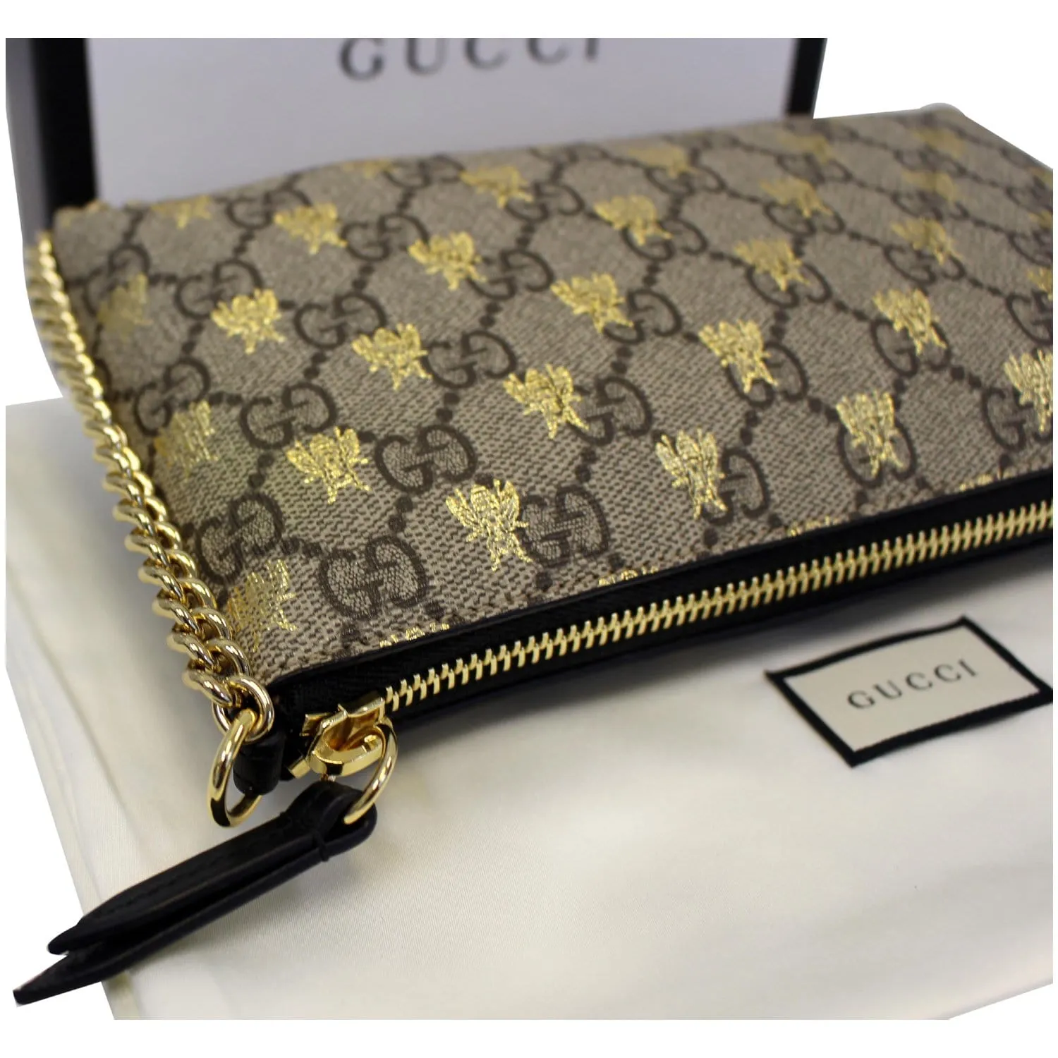 GUCCI Linea Bee GG Supreme Wristlet Handbag Beige/Gold