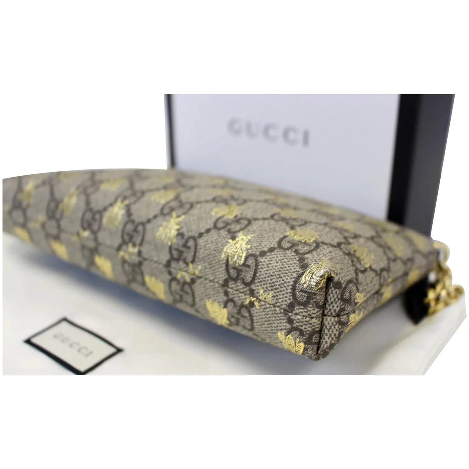 GUCCI Linea Bee GG Supreme Wristlet Handbag Beige/Gold