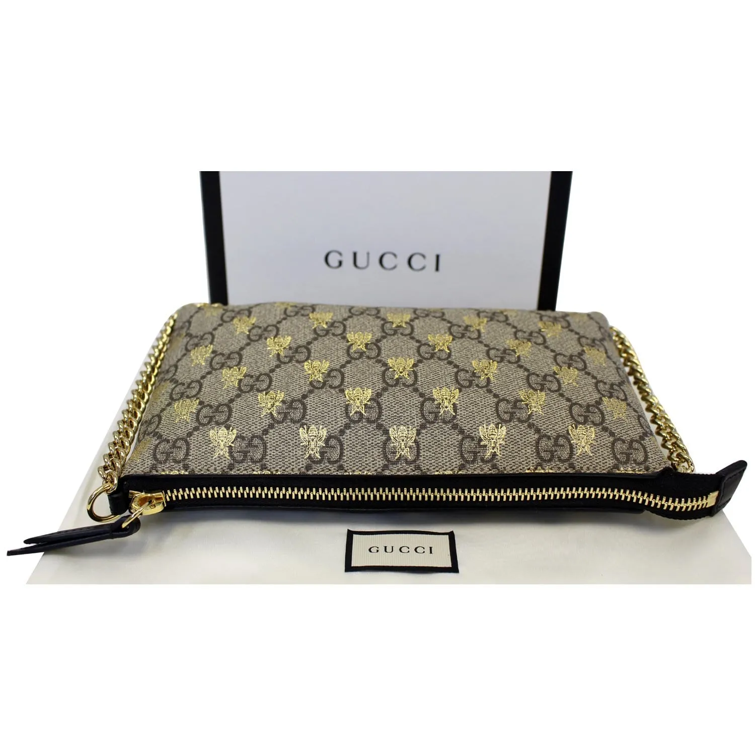 GUCCI Linea Bee GG Supreme Wristlet Handbag Beige/Gold