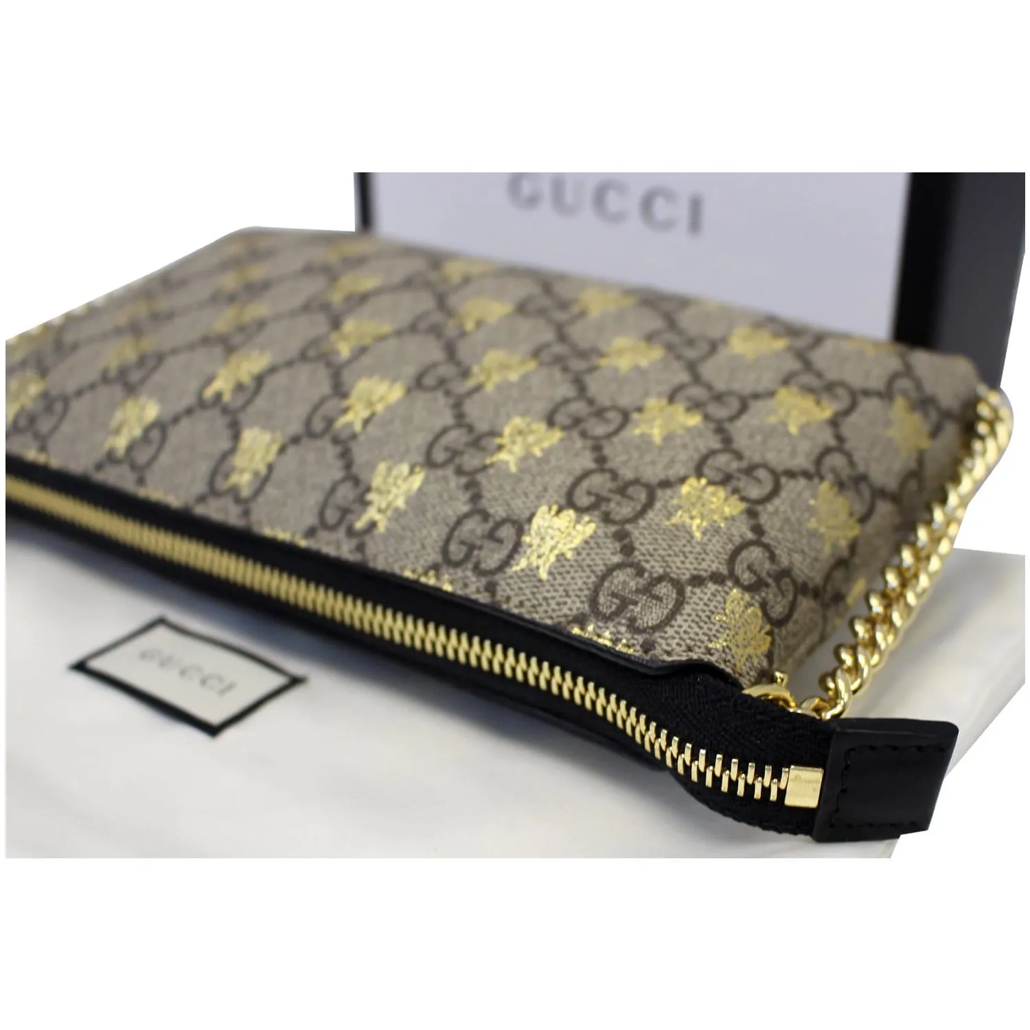 GUCCI Linea Bee GG Supreme Wristlet Handbag Beige/Gold