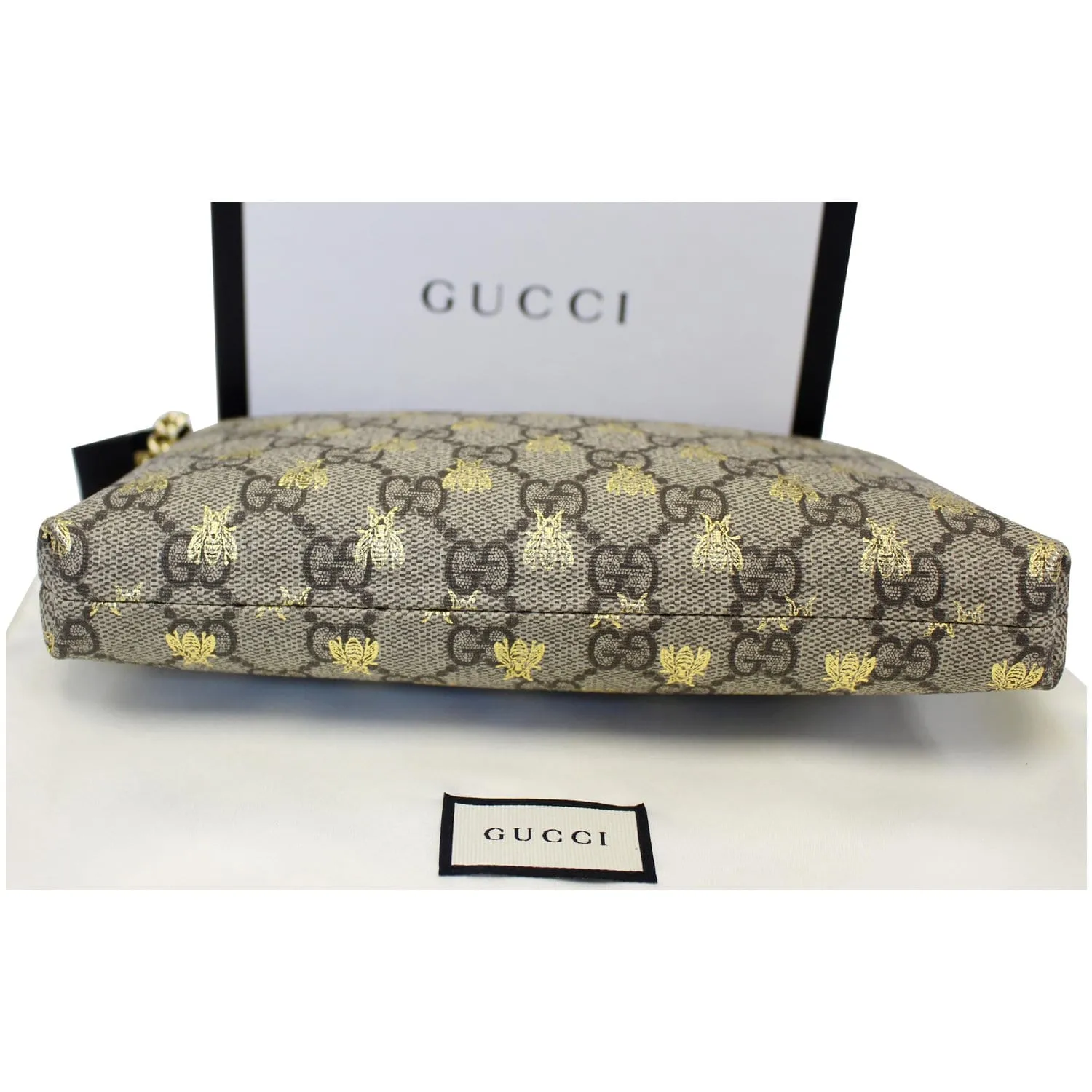 GUCCI Linea Bee GG Supreme Wristlet Handbag Beige/Gold