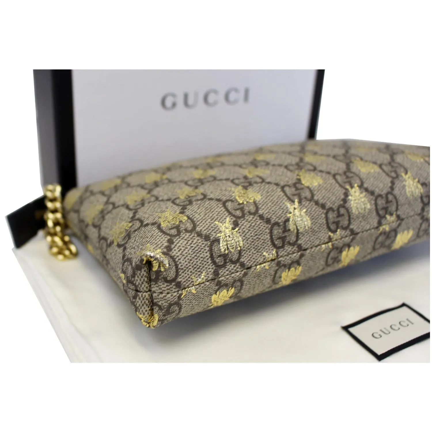 GUCCI Linea Bee GG Supreme Wristlet Handbag Beige/Gold