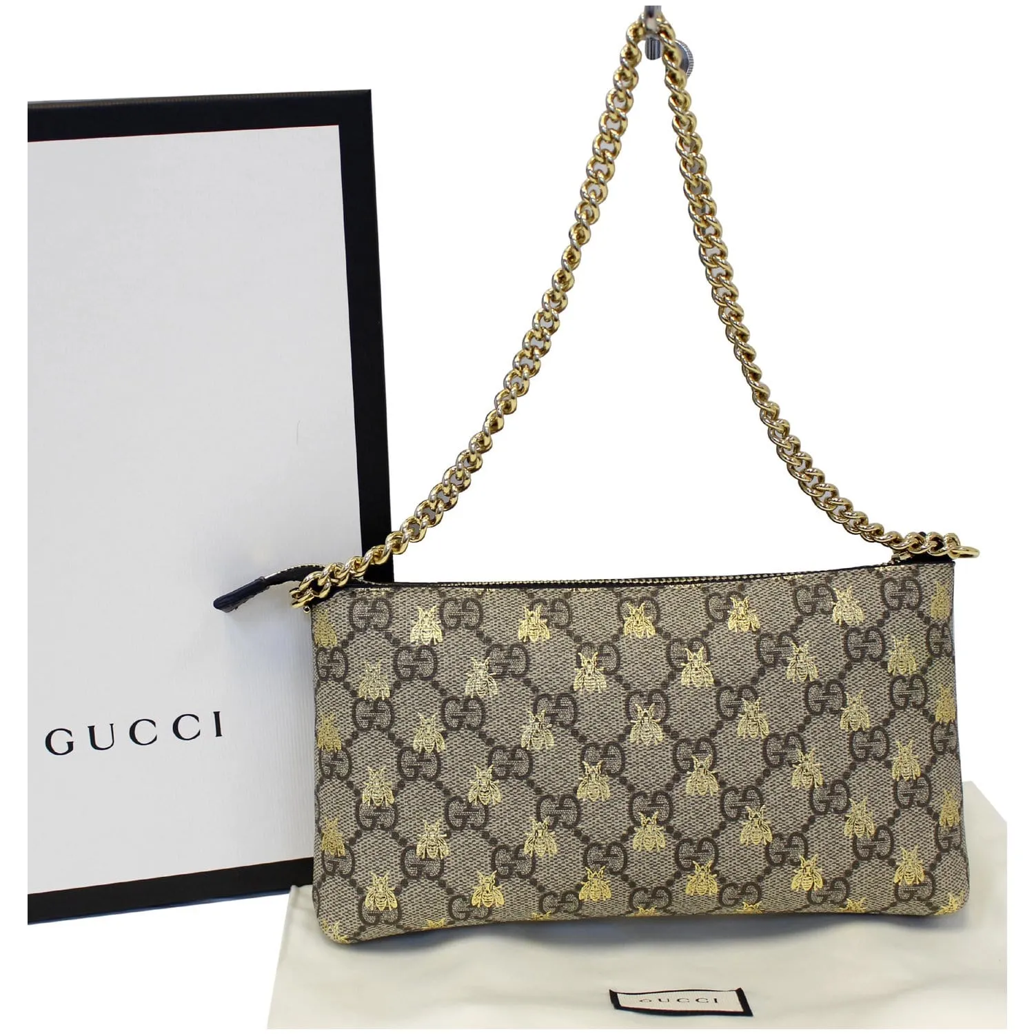 GUCCI Linea Bee GG Supreme Wristlet Handbag Beige/Gold