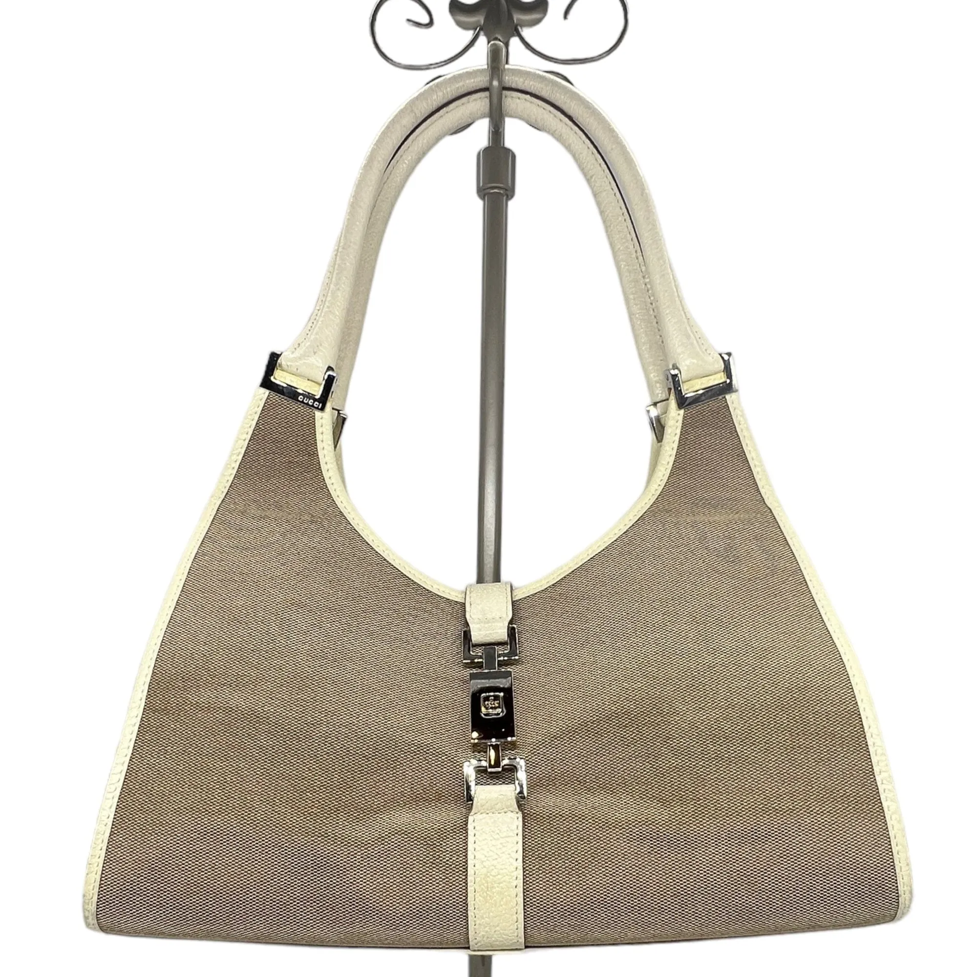 GUCCI Vintage Jackie Cloth Shoulder Handbag - Tan & Cream