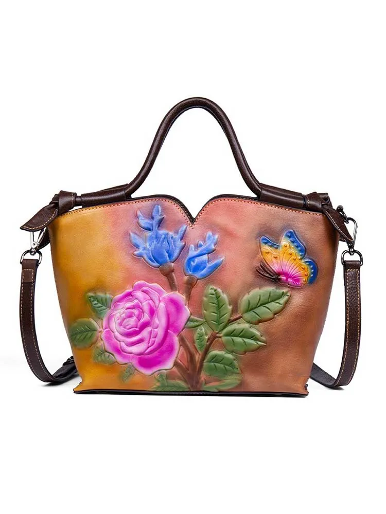 Handmade Embossed Women Handbag Retro Genuine Leather Bag