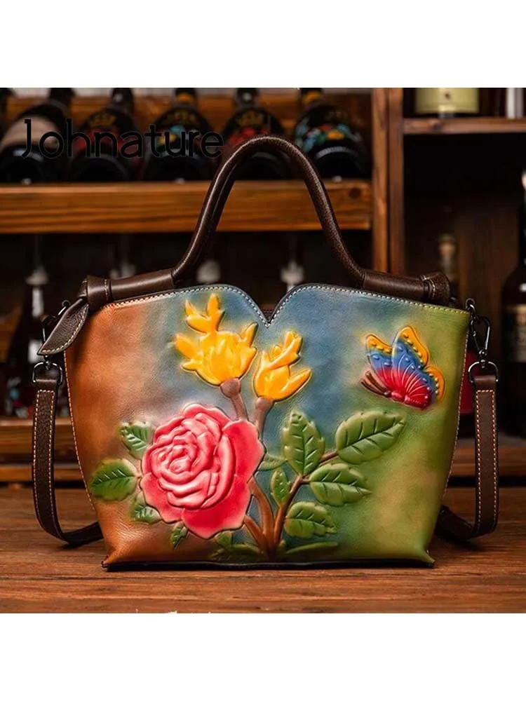 Handmade Embossed Women Handbag Retro Genuine Leather Bag