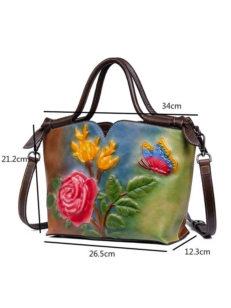 Handmade Embossed Women Handbag Retro Genuine Leather Bag