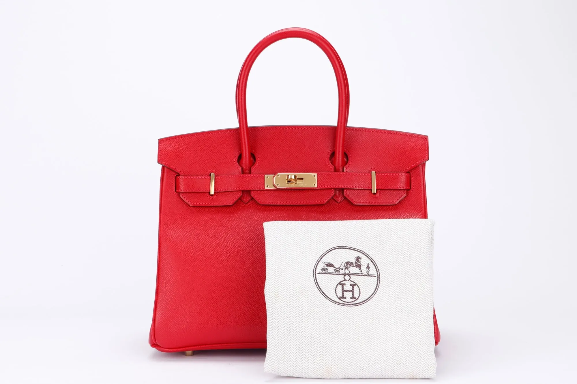 Hermes Birkin 30, Stamp Q, Rouge Casaque Color, Epsom Leather, Gold Hardware, with Dust Cover