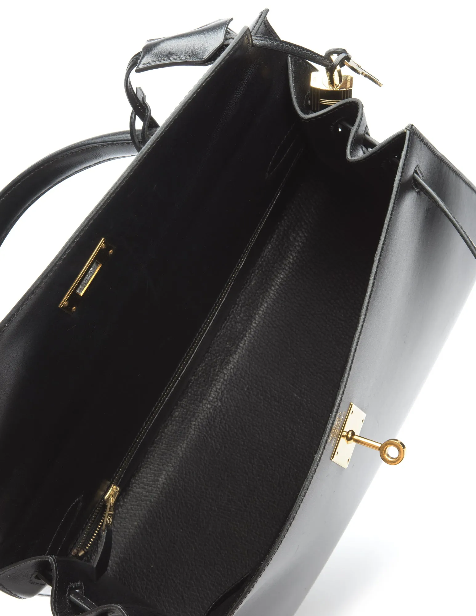 Hermes Kelly Sellier Bag 32cm Vintage 1971 Black Box Calf Leather Yellow Tone Hardware