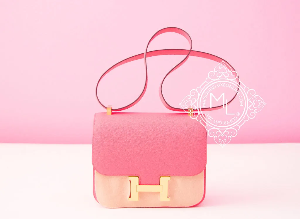 Hermes Rose Azalee Etoupe RGHW Epsom Constance MM 24/25 Handbag