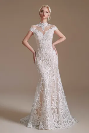 High Collar Lace Long Cap Sleeves Mermaid Wedding Dress | Ballbella Design