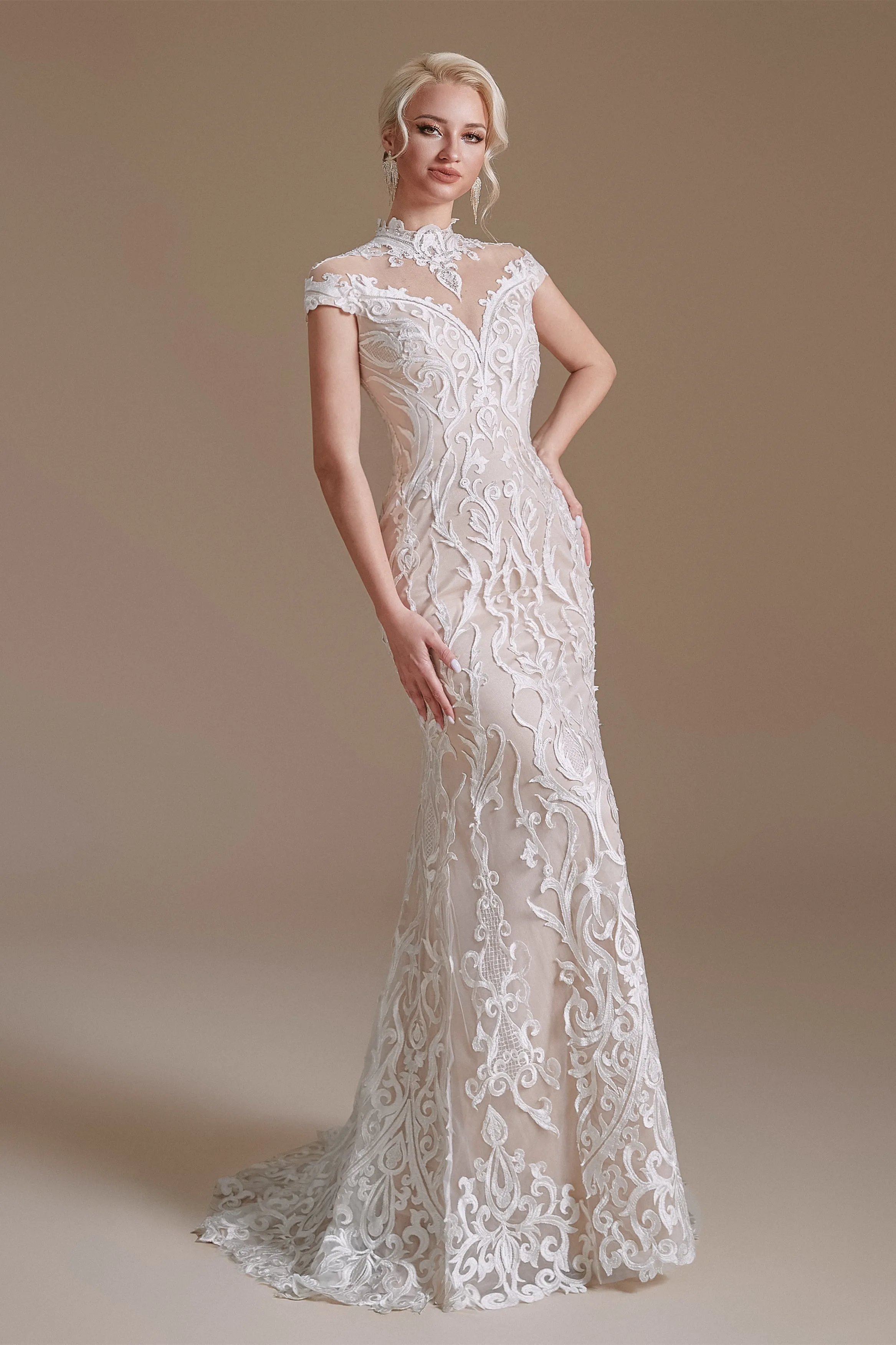 High Collar Lace Long Cap Sleeves Mermaid Wedding Dress | Ballbella Design