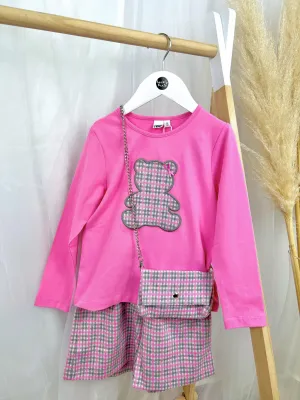 iDO Girls Pink Teddy Short Outfit Set With Handbag