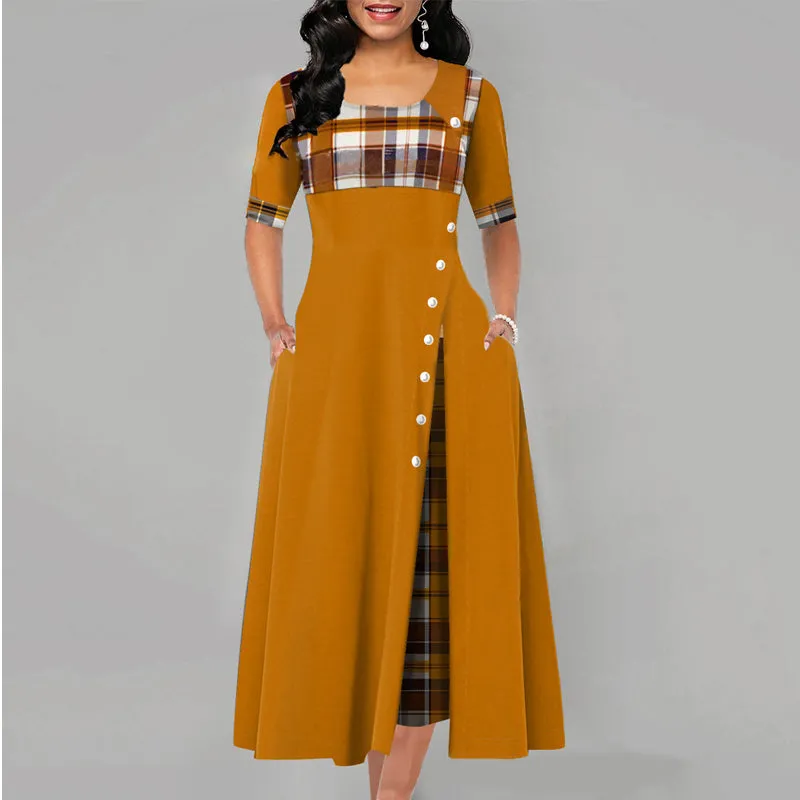 Inclined Button Plaid Print Pocket Dress