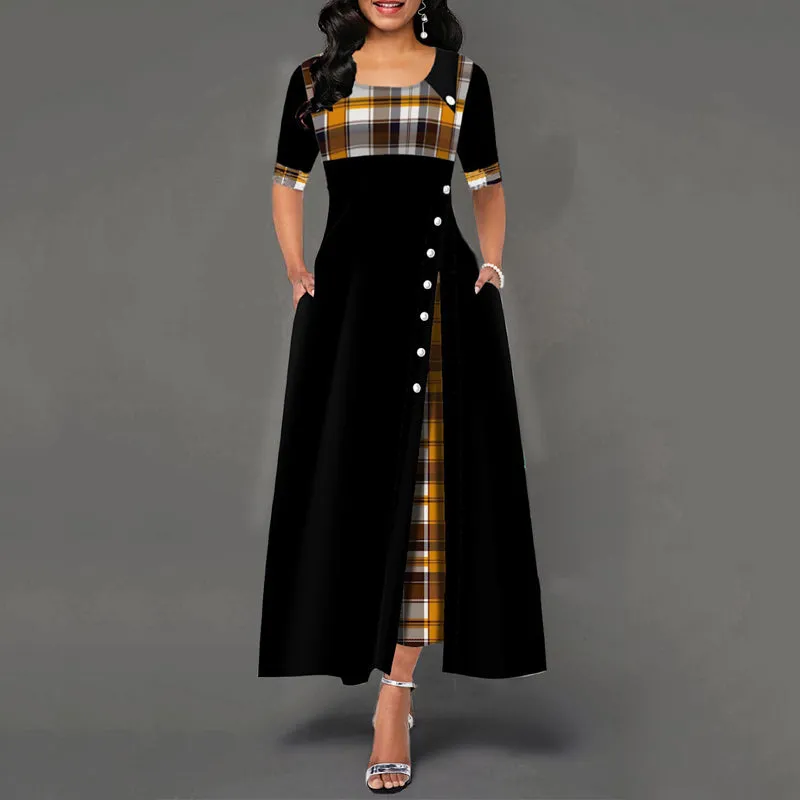 Inclined Button Plaid Print Pocket Dress
