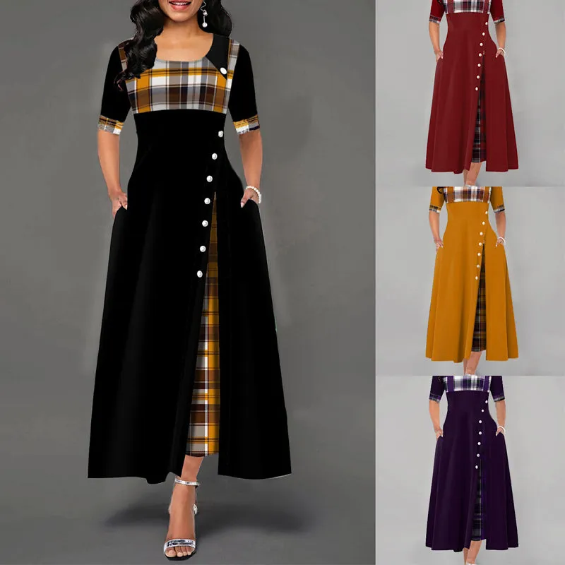 Inclined Button Plaid Print Pocket Dress