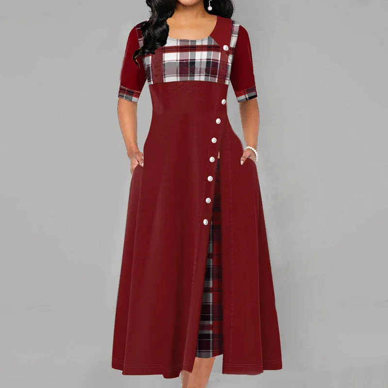 Inclined Button Plaid Print Pocket Dress