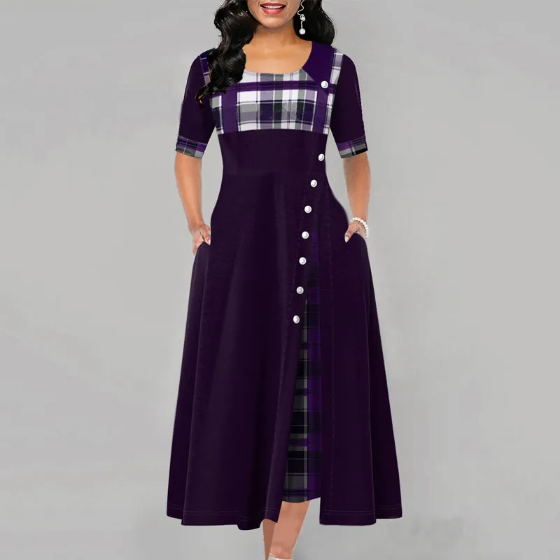 Inclined Button Plaid Print Pocket Dress