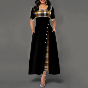 Inclined Button Plaid Print Pocket Dress
