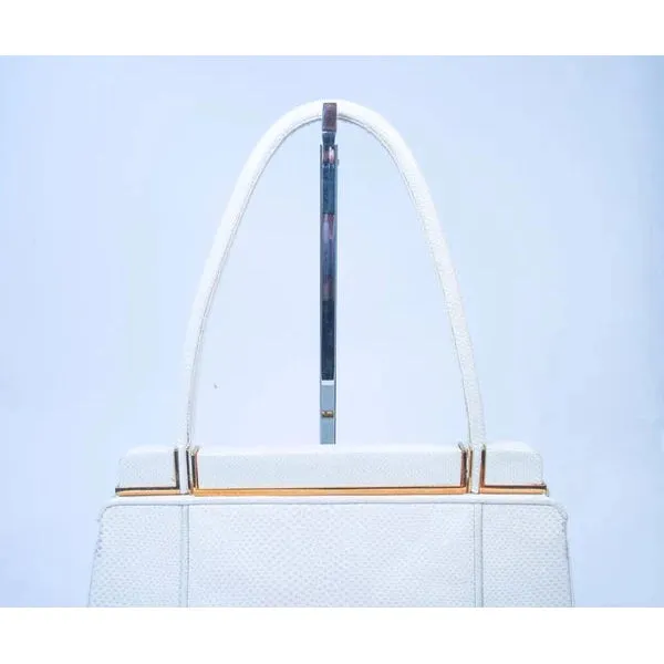 JUDITH LEIBER White Lizard Handle Goldtone Hardware Strap Purse