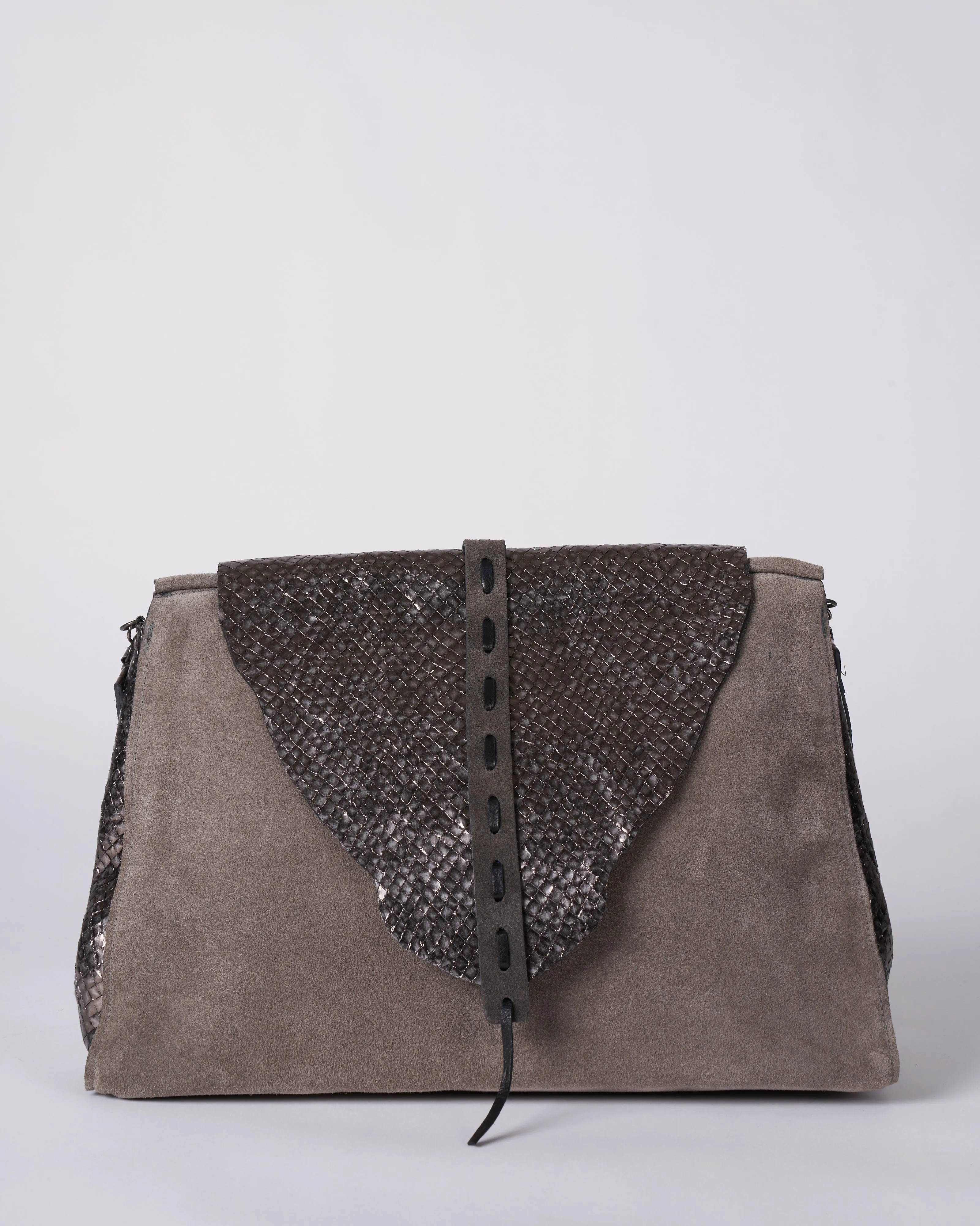 large satchel - grey & silver suede and embossed