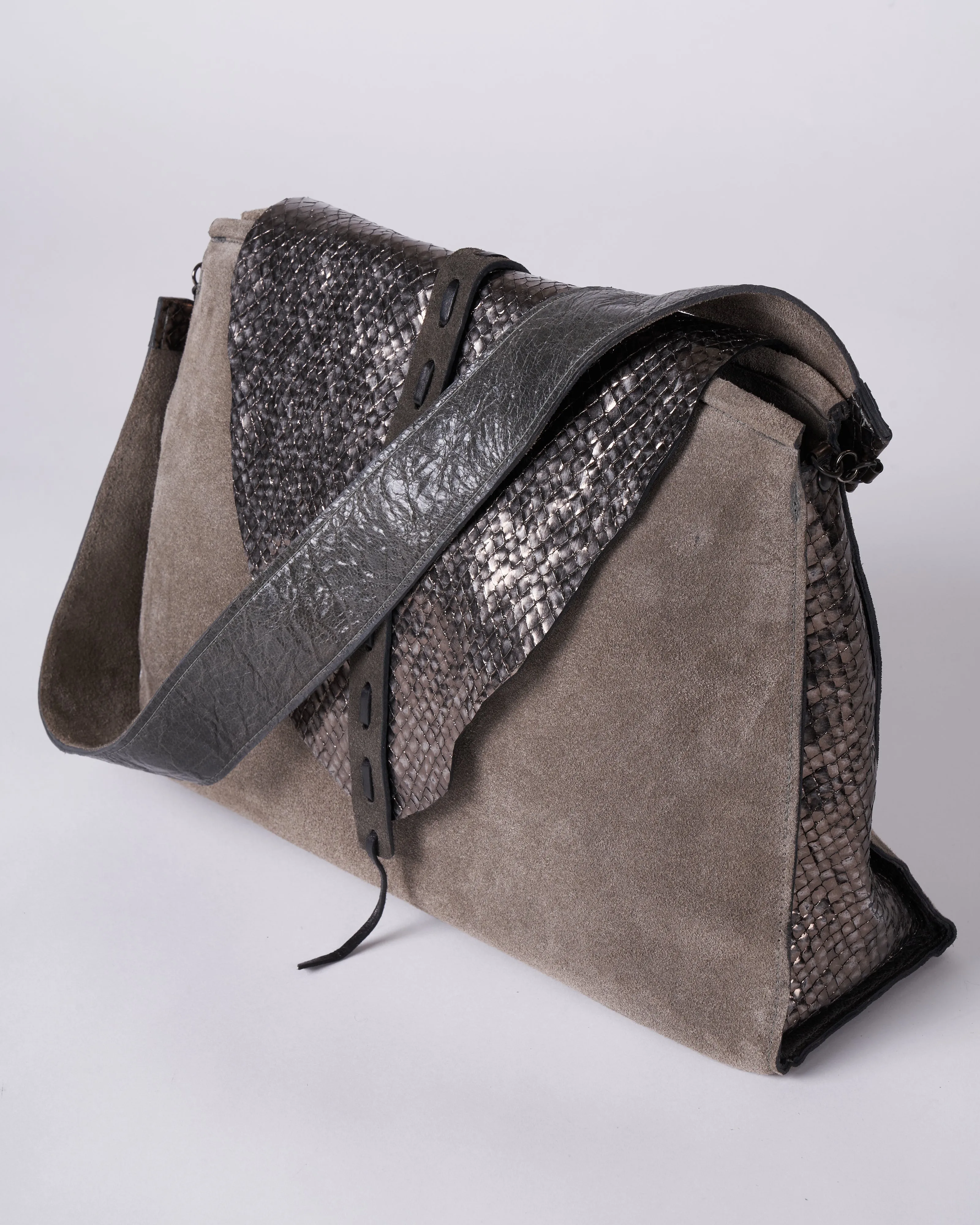 large satchel - grey & silver suede and embossed