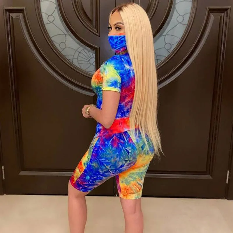 Latter Pattern Tie Dye Print Cut Out Shorts Set With Mask
