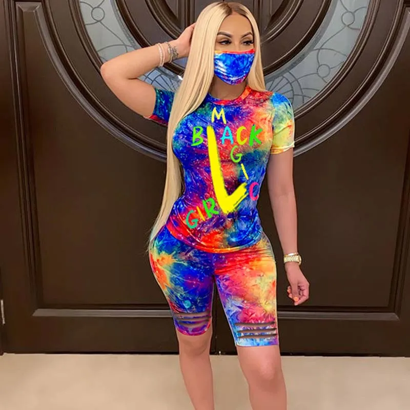 Latter Pattern Tie Dye Print Cut Out Shorts Set With Mask
