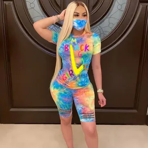 Latter Pattern Tie Dye Print Cut Out Shorts Set With Mask