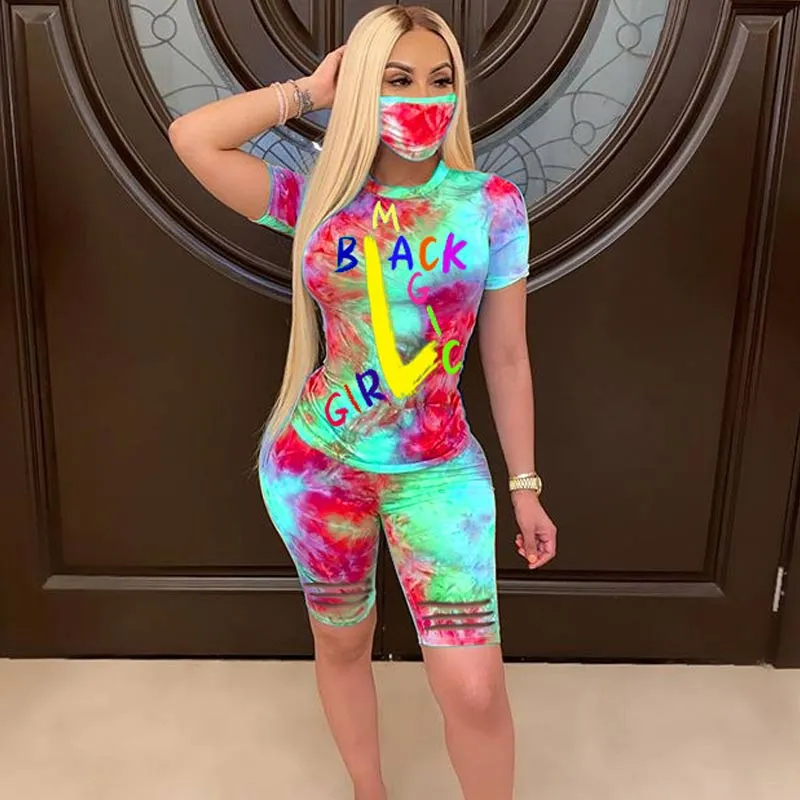 Latter Pattern Tie Dye Print Cut Out Shorts Set With Mask