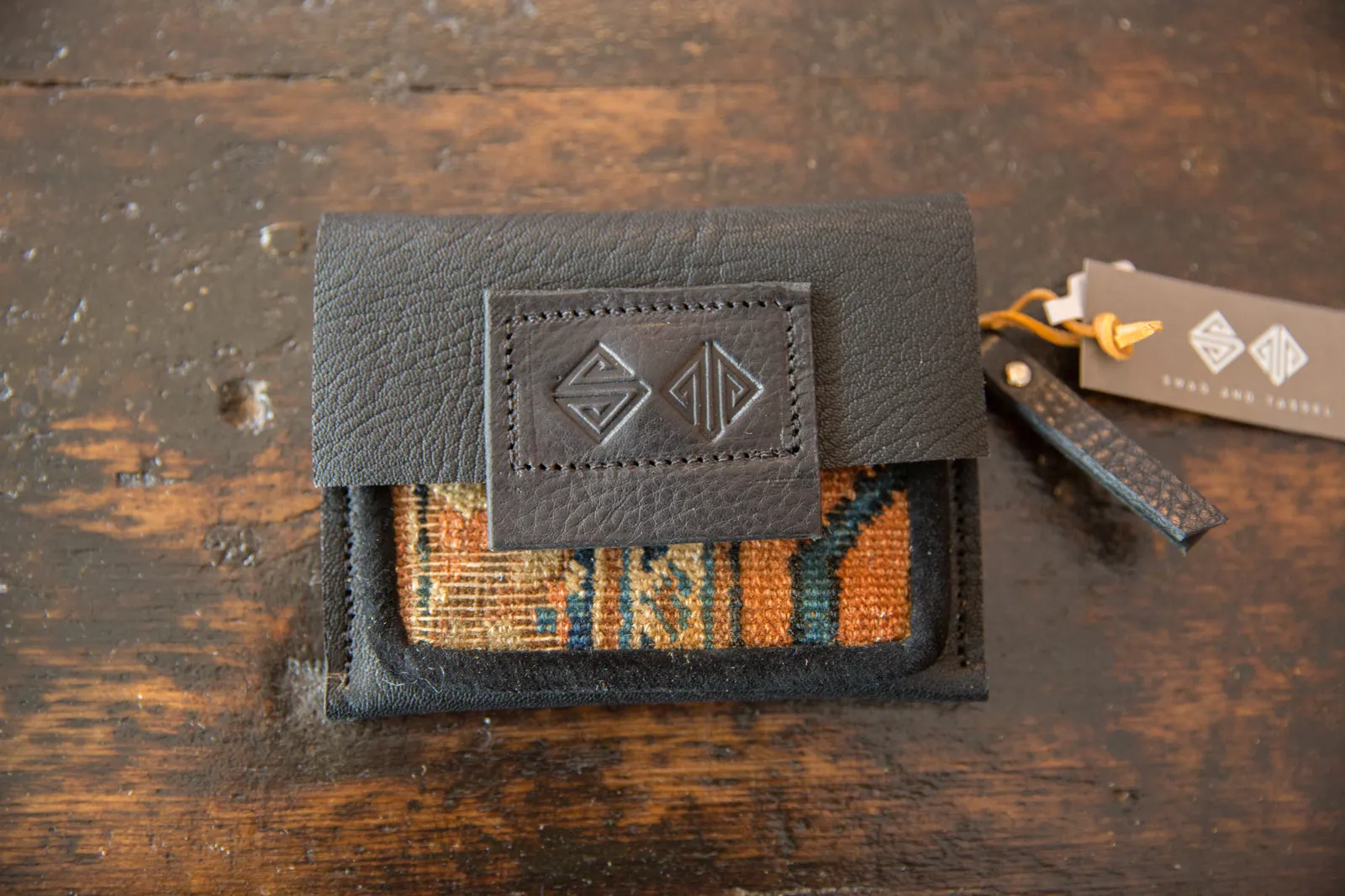 Leather and Rug Fragment Coin Purse / Wallet with Zipper