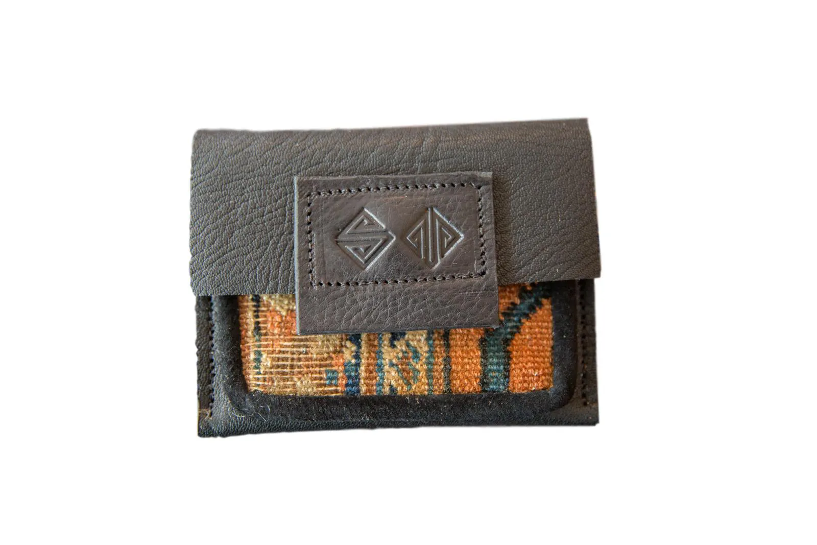 Leather and Rug Fragment Coin Purse / Wallet with Zipper