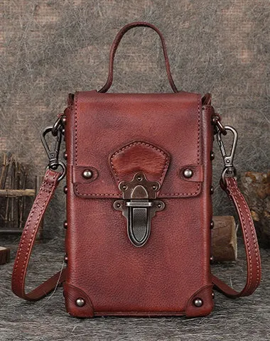 Leather Brown Womens Small Box Shoulder Bag Cube Small Handmade Handbag Purse for Ladies