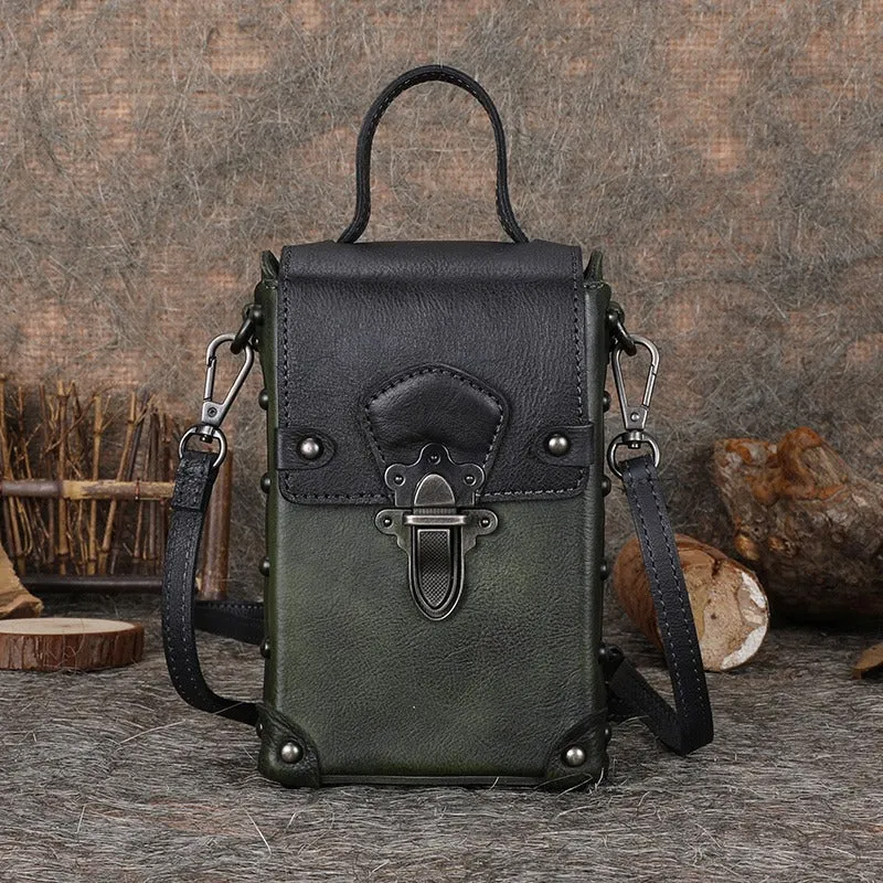 Leather Brown Womens Small Box Shoulder Bag Cube Small Handmade Handbag Purse for Ladies