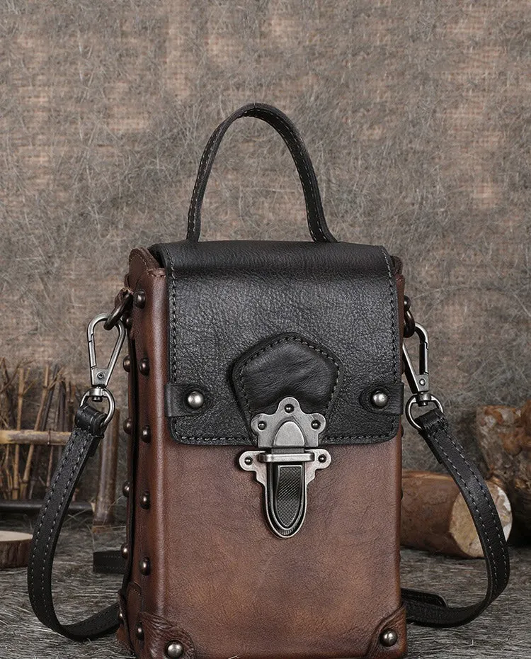 Leather Brown Womens Small Box Shoulder Bag Cube Small Handmade Handbag Purse for Ladies