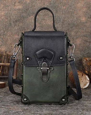 Leather Brown Womens Small Box Shoulder Bag Cube Small Handmade Handbag Purse for Ladies