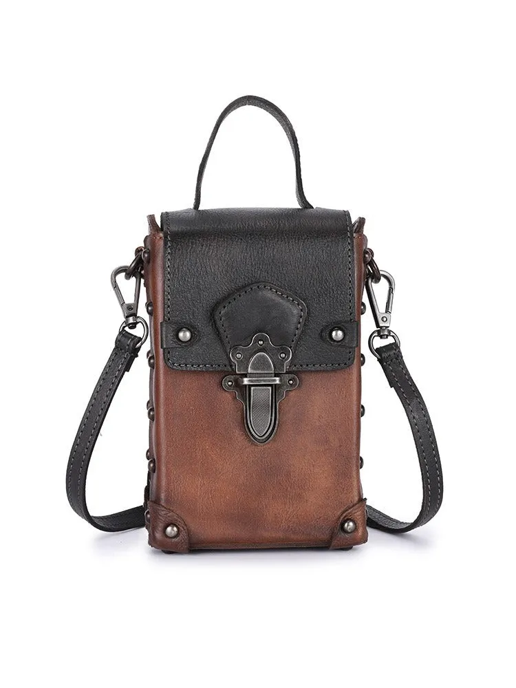 Leather Brown Womens Small Box Shoulder Bag Cube Small Handmade Handbag Purse for Ladies