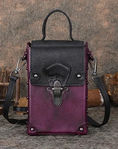 Leather Brown Womens Small Box Shoulder Bag Cube Small Handmade Handbag Purse for Ladies