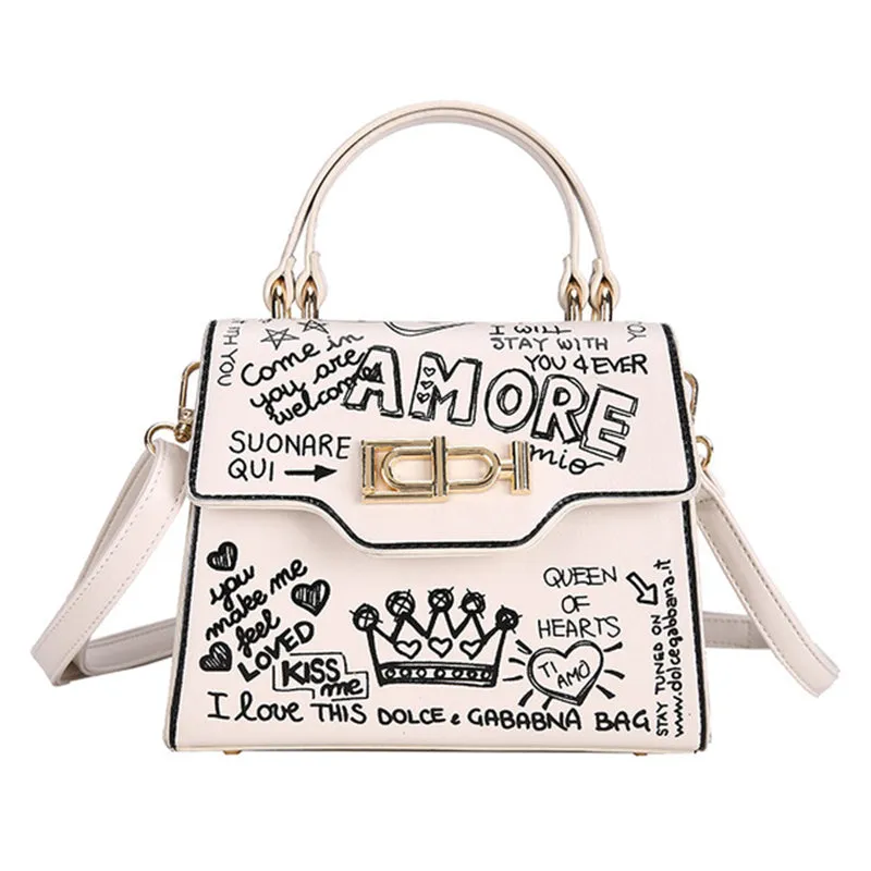 Letter Print Lock Single Shoulder Diagonal Handbag