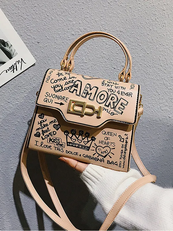 Letter Print Lock Single Shoulder Diagonal Handbag